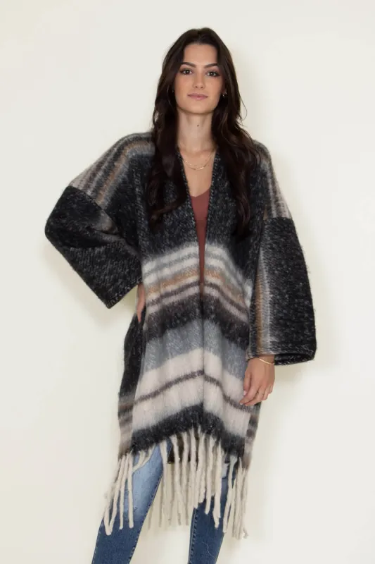 Striped Long Cardigan for Women in Multi Black | BCK120090-BLK sold by Glik’s