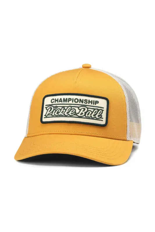 American Needle Pickle Ball Twill Valin Patch Trucker Hat in Yellow | 22005A-PBALL-IVAY made by Glik’s