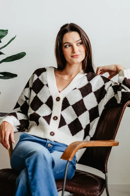 Blu Pepper Diamond Print Cropped Cardigan for Women in Brown | B3FJ1008-BROWN sold by Glik’s