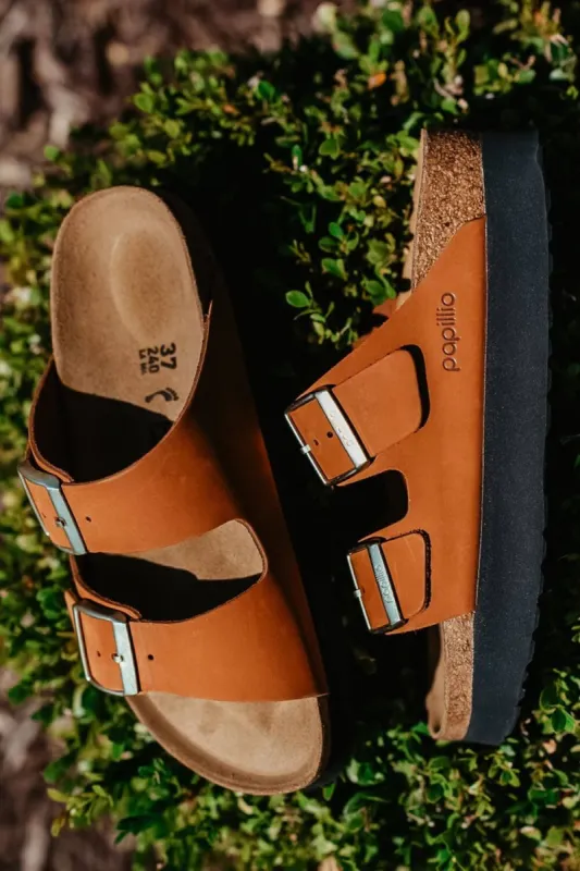 Papillio by Birkenstock Arizona Platform Nubuck Leather Sandals for Women in Pecan | 1025279 sold by Glik’s