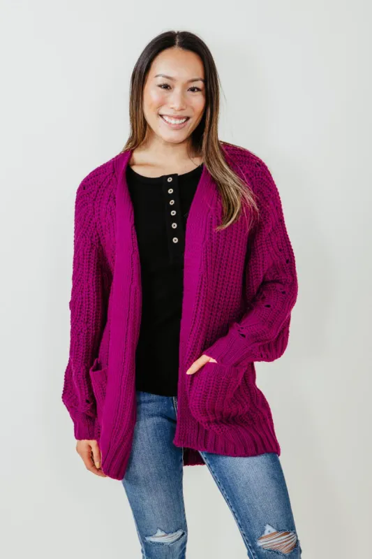 Comfy Textured Knit Sweater Cardigan for Women in Berry Purple | 12W2768N-BERRY sold by Glik’s