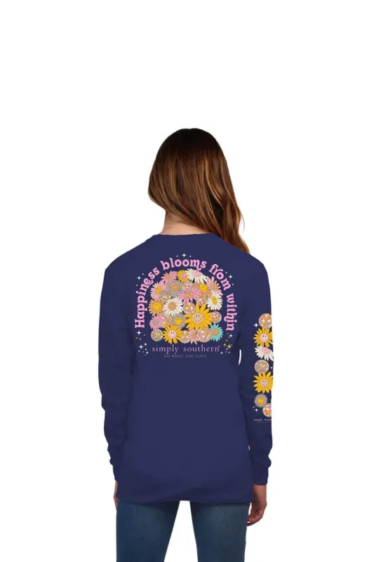 Simply Southern Youth Long Sleeve Happiness Bloom T-Shirt for Girls in Denim Heather  | YTH-LS-HAPPINESS-DENIMHTHR sold by Glik’s
