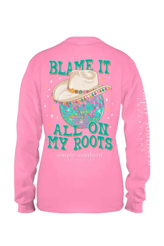 Simply Southern Youth Long Sleeve Blame It On My Roots T-Shirt for Girls in Flamingo | YTH-LS-ROOTS-FLAMINGO sold by Glik’s