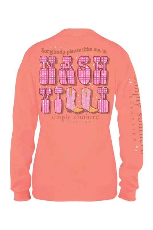 Simply Southern Long Sleeve Take Me To Nashville T-Shirt for Women in Peach | LS-NASHVILLE-PEACH sold by Glik’s