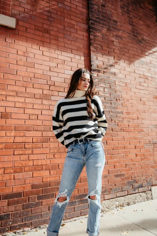 Striped Turtleneck Sweater for Women in Black/White | DZ23F079-BLACKCREAM sold by Glik’s