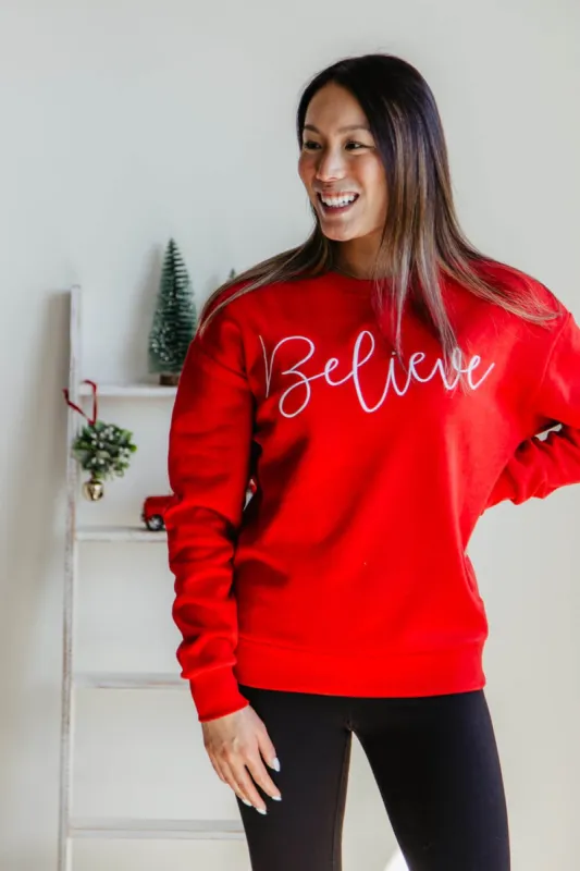 1897 Active Believe Embroidered Fleece Sweatshirt for Women in Red | GT033-BELIEVE-RED sold by Glik’s