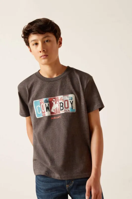 Ariat Youth License Plate Cowboy T-Shirt for Boys in Grey | 10047911-CHA sold by Glik’s