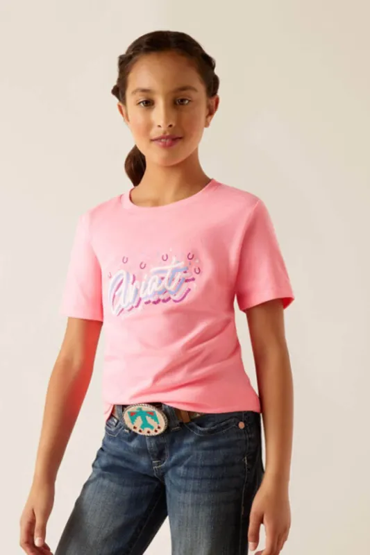 Ariat Youth Rainbow Script T-Shirt for Girls in Pink | 10047907-PNK sold by Glik’s