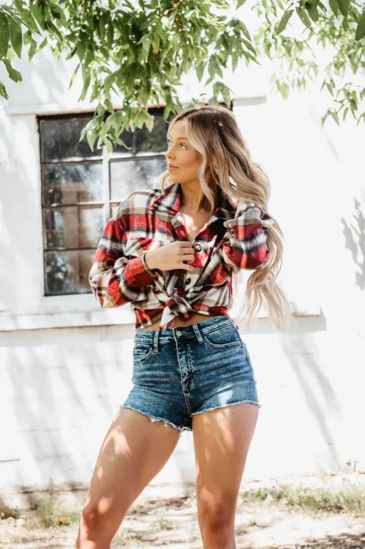 Plaid Oversized Shacket for Women in Red | NJ5727-RED sold by Glik’s