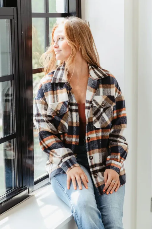 Plaid Oversized Shacket for Women in Brown/Navy | NJ5727-MOC sold by Glik’s