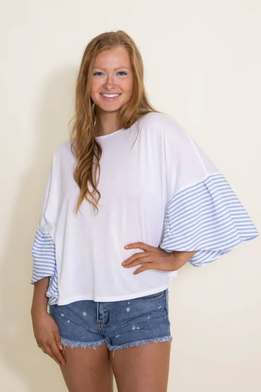 Ruffle Sleeve Cover Up Top for Women in White and Blue | SBT-2191-BLUE sold by Glik’s
