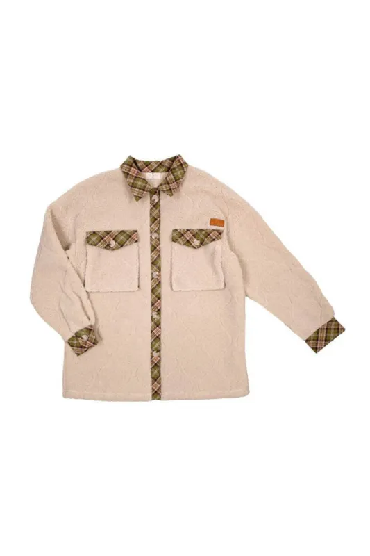 Simply Southern Youth Quilted Plaid Sherpa Shacket for Girls in Cream | PP-0223-YTH-QLTD-SHCKT-CREAM sold by Glik’s