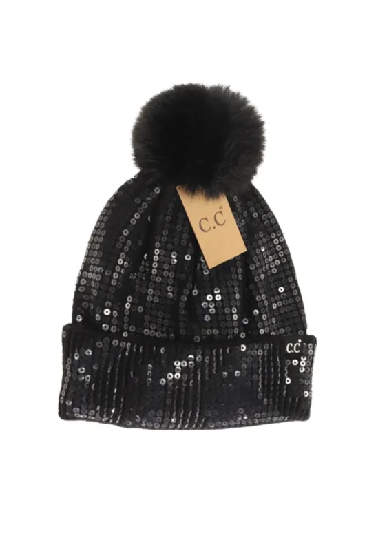 C.C Beanie Sequin Pom Beanie for Women in Black | HTC-0044-BLACK sold by Glik’s
