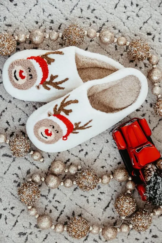 Christmas Rudolph Slippers for Women in White | KDC-SLPR-129-WHT sold by Glik’s