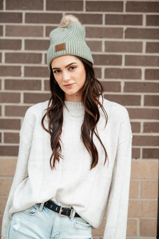 C.C Beanie Crosshatched Pom Beanie for Women in Green | HAT2060-SAGEMIX sold by Glik’s