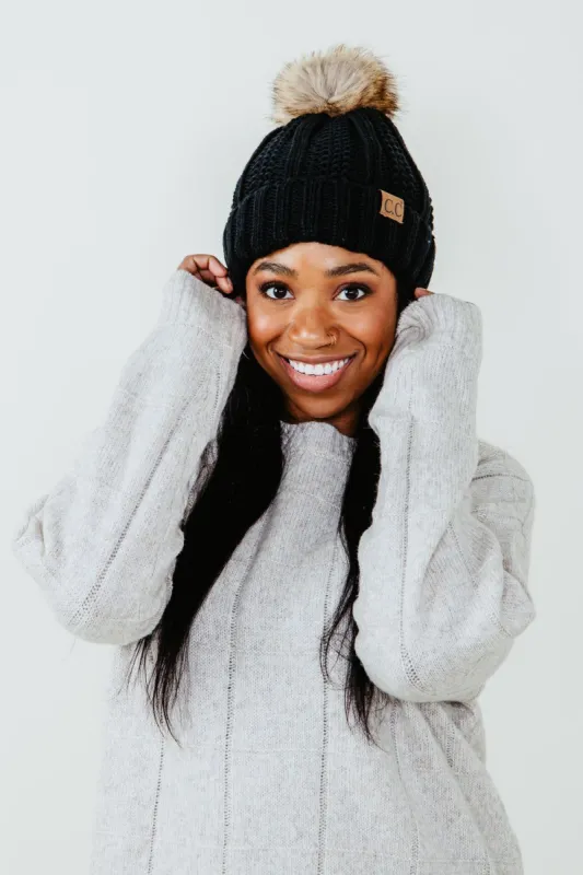 C.C Beanie Fleece Lined Pom Beanie for Women in Black | YJ-820-BLK sold by Glik’s