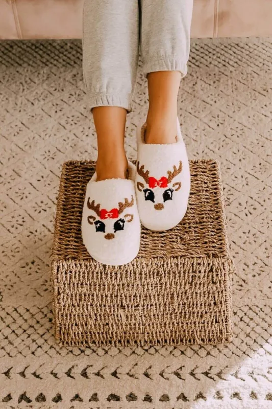 Christmas Reindeer Slippers for Women in White | KDC-SLPR-117-WHT sold by Glik’s
