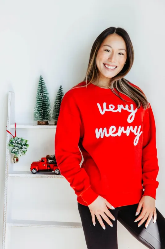 1897 Active Very Merry Patch Embroidered Fleece Sweatshirt for Women in Red | GT075-VERYMERRY-RED sold by Glik’s