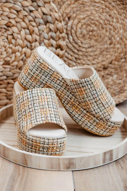 Beach by Matisse Terry Platform Tweed Heels for Women in Brown | TERRY-YELLOW TWEED sold by Glik’s