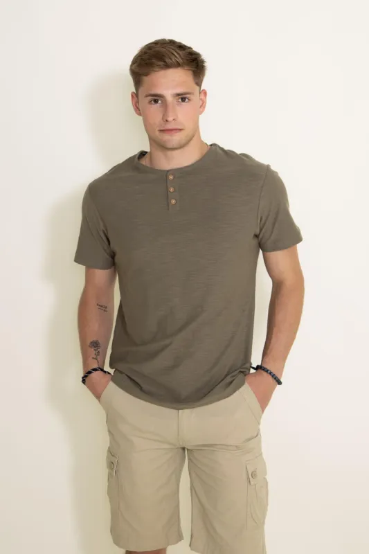 1897 Original Solid Henley Cotton Shirt for Men in Military Green | 9PY1129M-MILITARY sold by Glik’s