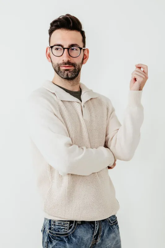 Weatherproof Vintage Textured Button Up Mock Neck Sweater for Men in Off White | F2340279GK-ECRU sold by Glik’s