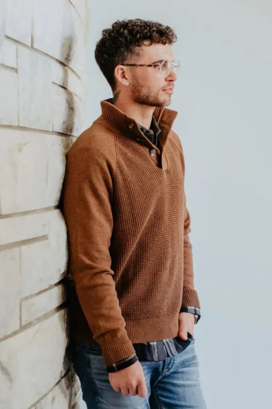 Weatherproof Vintage Textured Button Up Mock Neck Sweater for Men in Brown | F2340279GK-HARVESTHEATHER sold by Glik’s