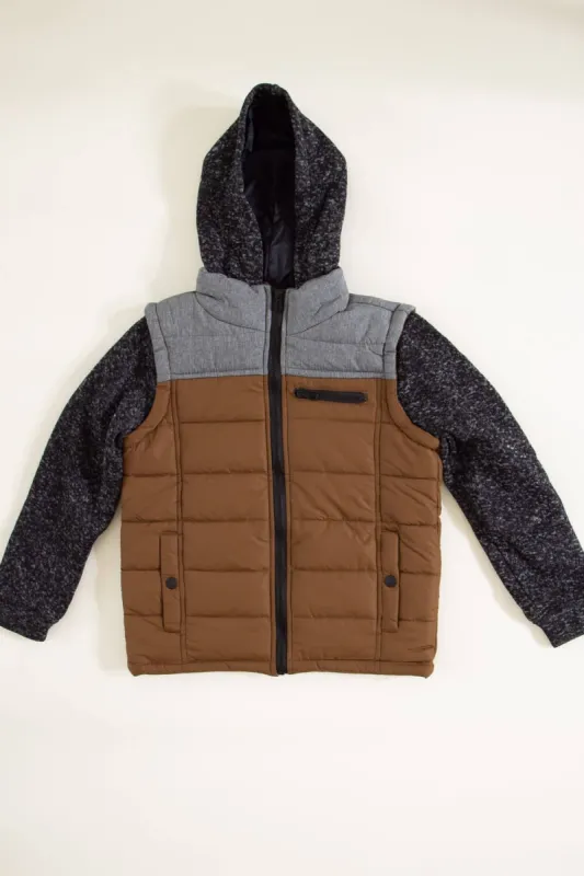 Youth Puffer Vest Knit Hood Jacket for Boys in Brown | 4VT6091B-BRN sold by Glik’s