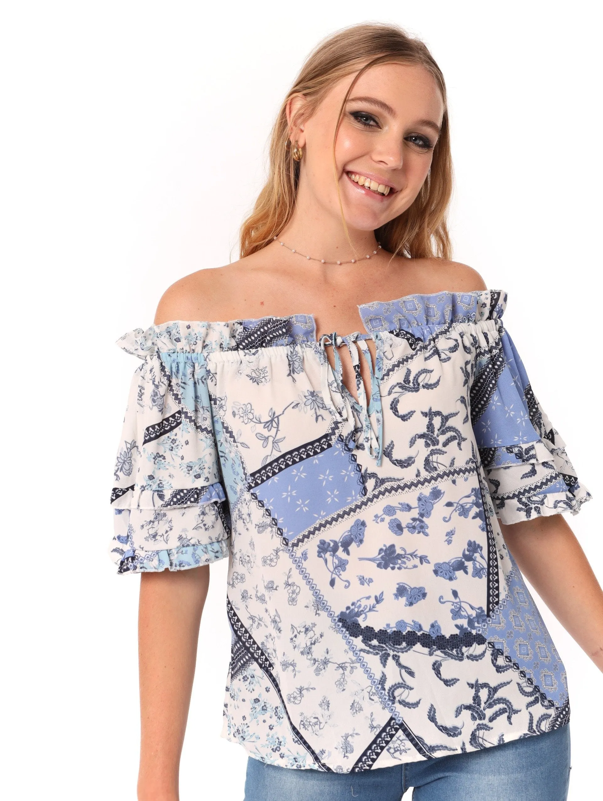 Ladies Scarf Print Bardot Blouse sold by Edgars