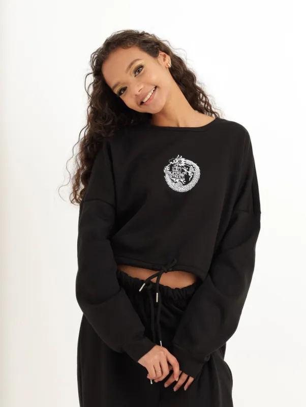 Ladies Cropped Drawchord Fleece Top - Black sold by Edgars 