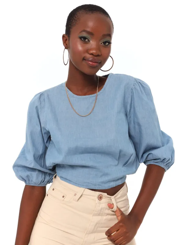 Ladies Chambre Puff Sleeve Top - Blue sold by Edgars 