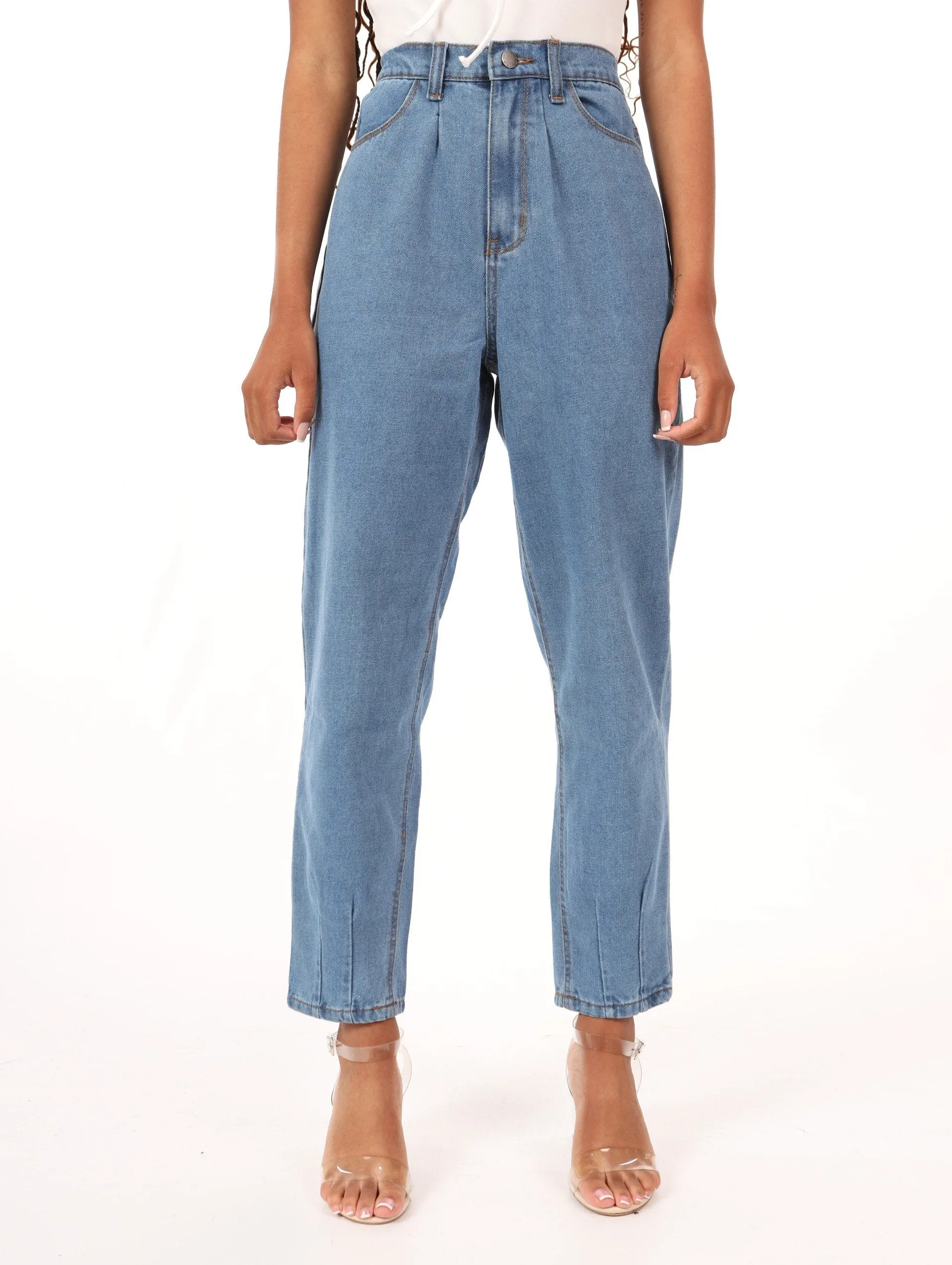 Ladies Stonewash Hi-Waist Pleated Balloon Denim Jean sold by Edgars