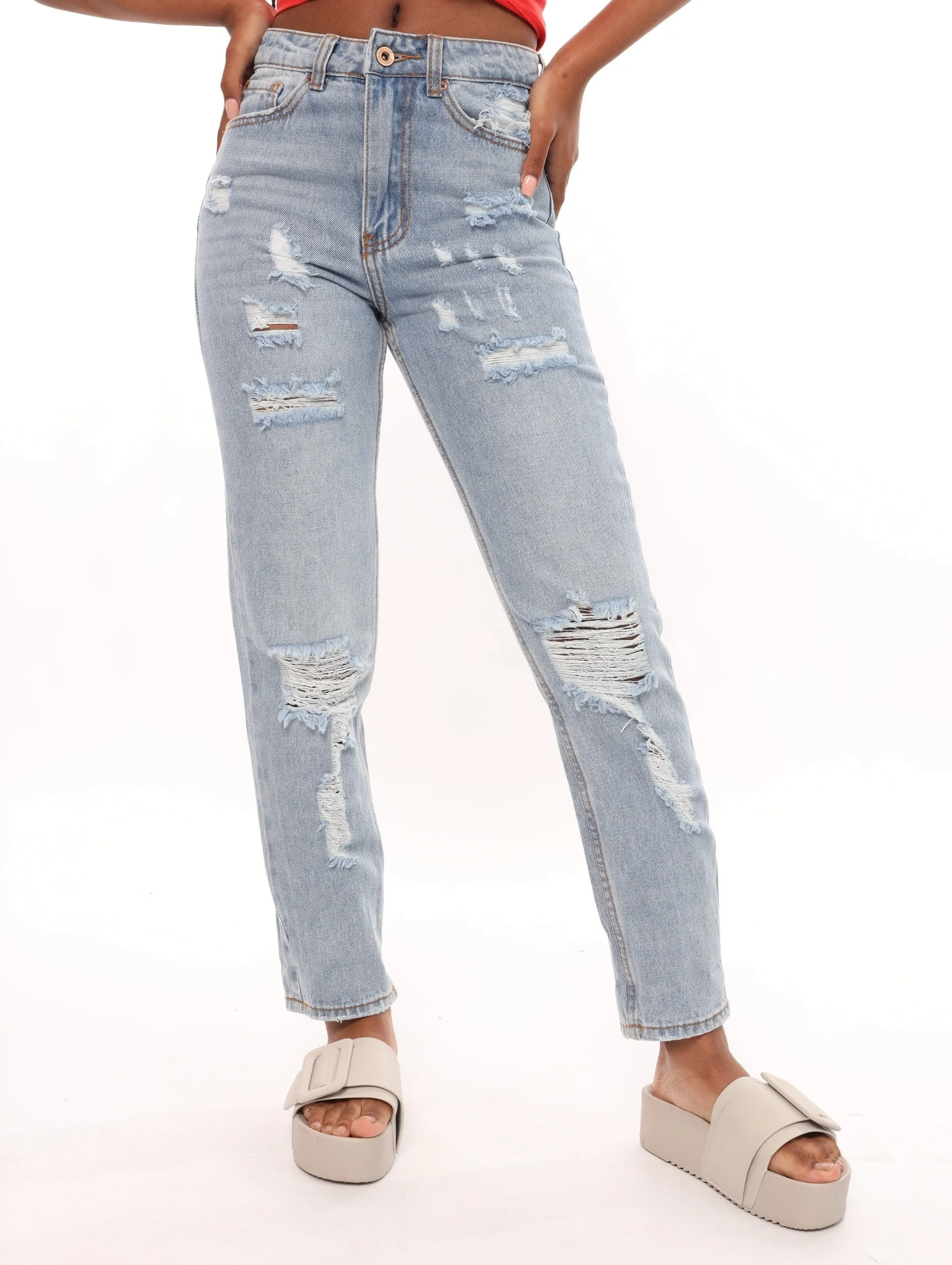 Ladies Mid Blue High Rise Abraised Mom Jean Denim Jean sold by Edgars