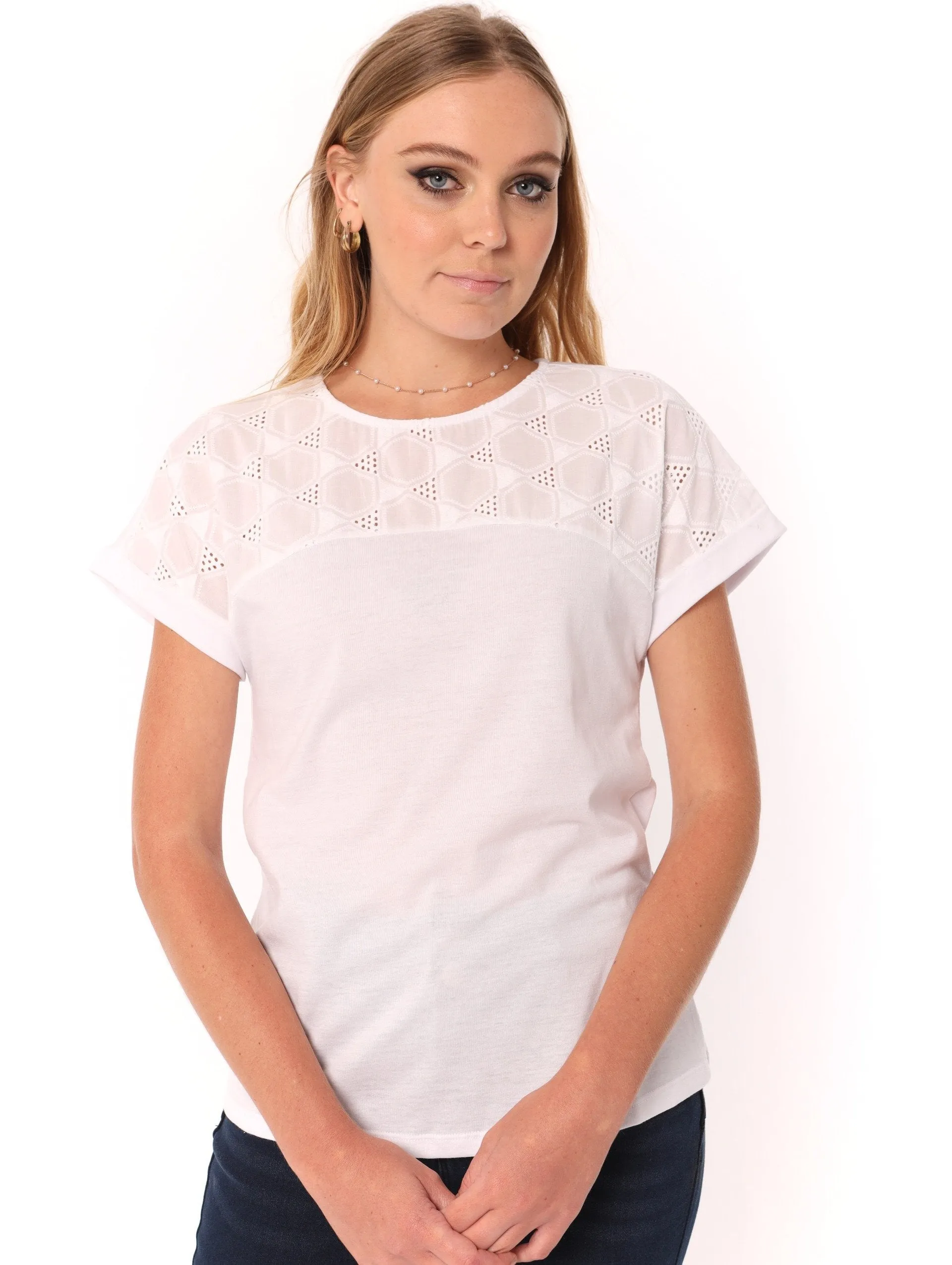 Ladies Anglaise Inset Roll Sleeve Tee - White sold by Edgars