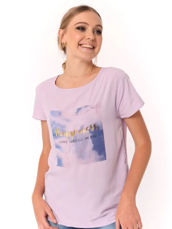 Ladies Woven Happiness Tee - Lilac sold by Edgars 