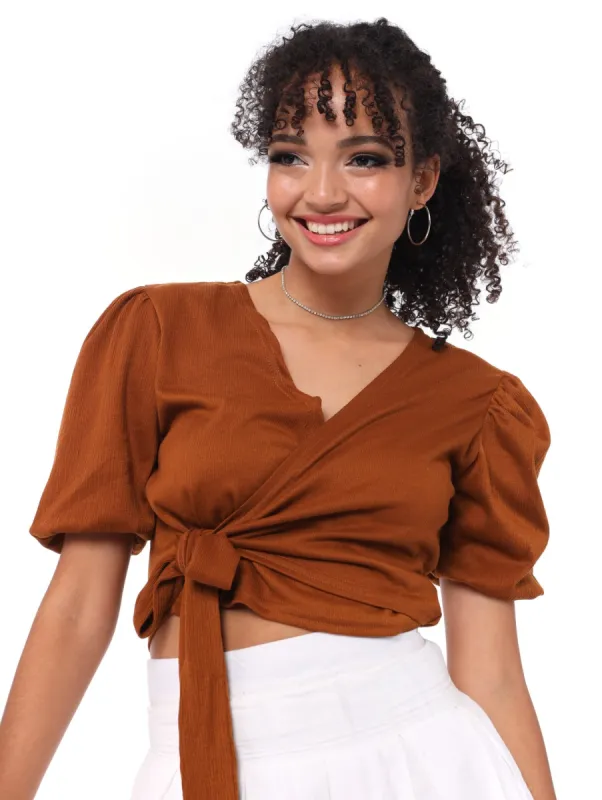 Ladies Crinkle Wrap Top - Brown sold by Edgars