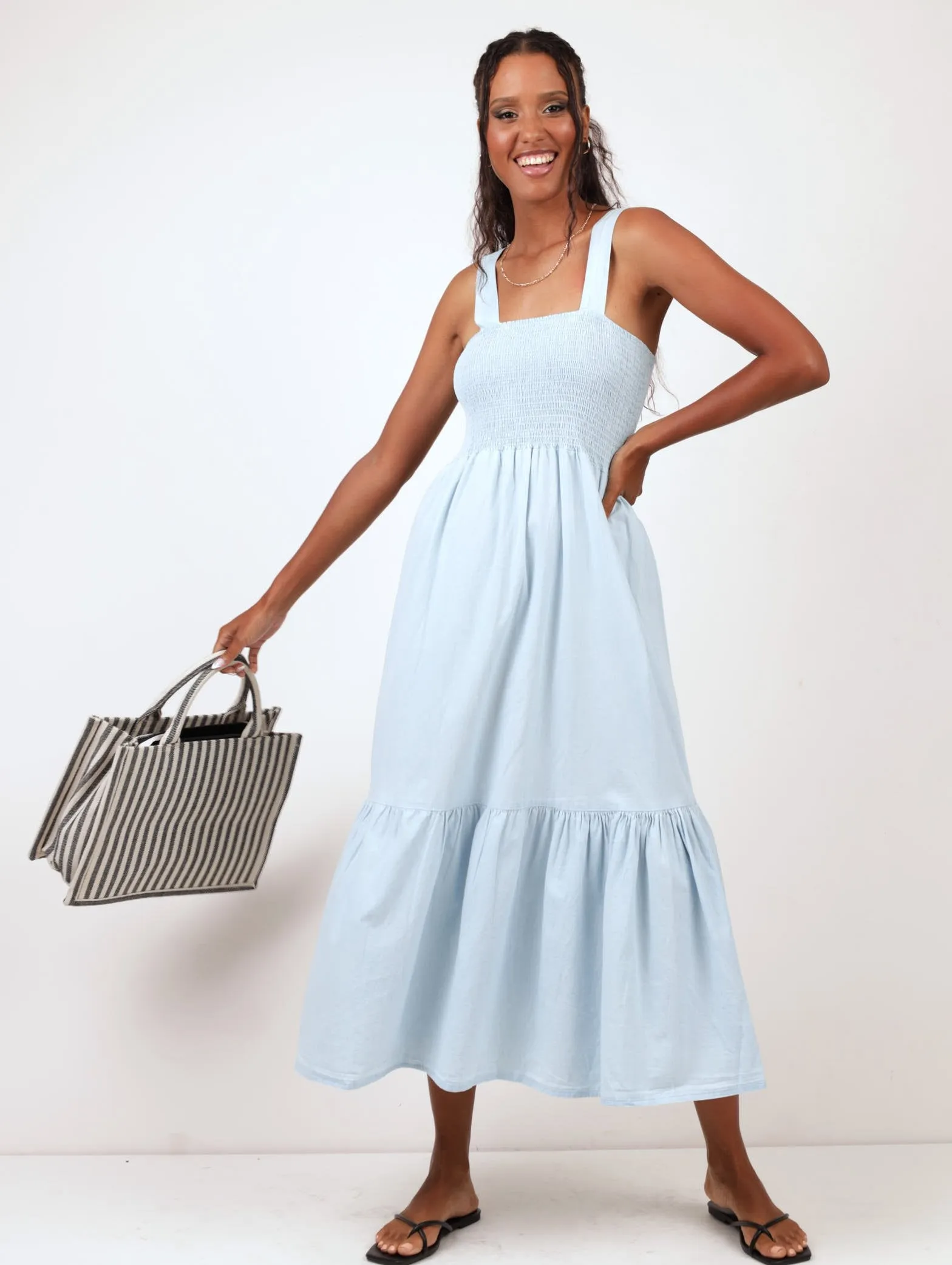 Ladies Shirred Frill Hem Midi Dress - Denim sold by Edgars