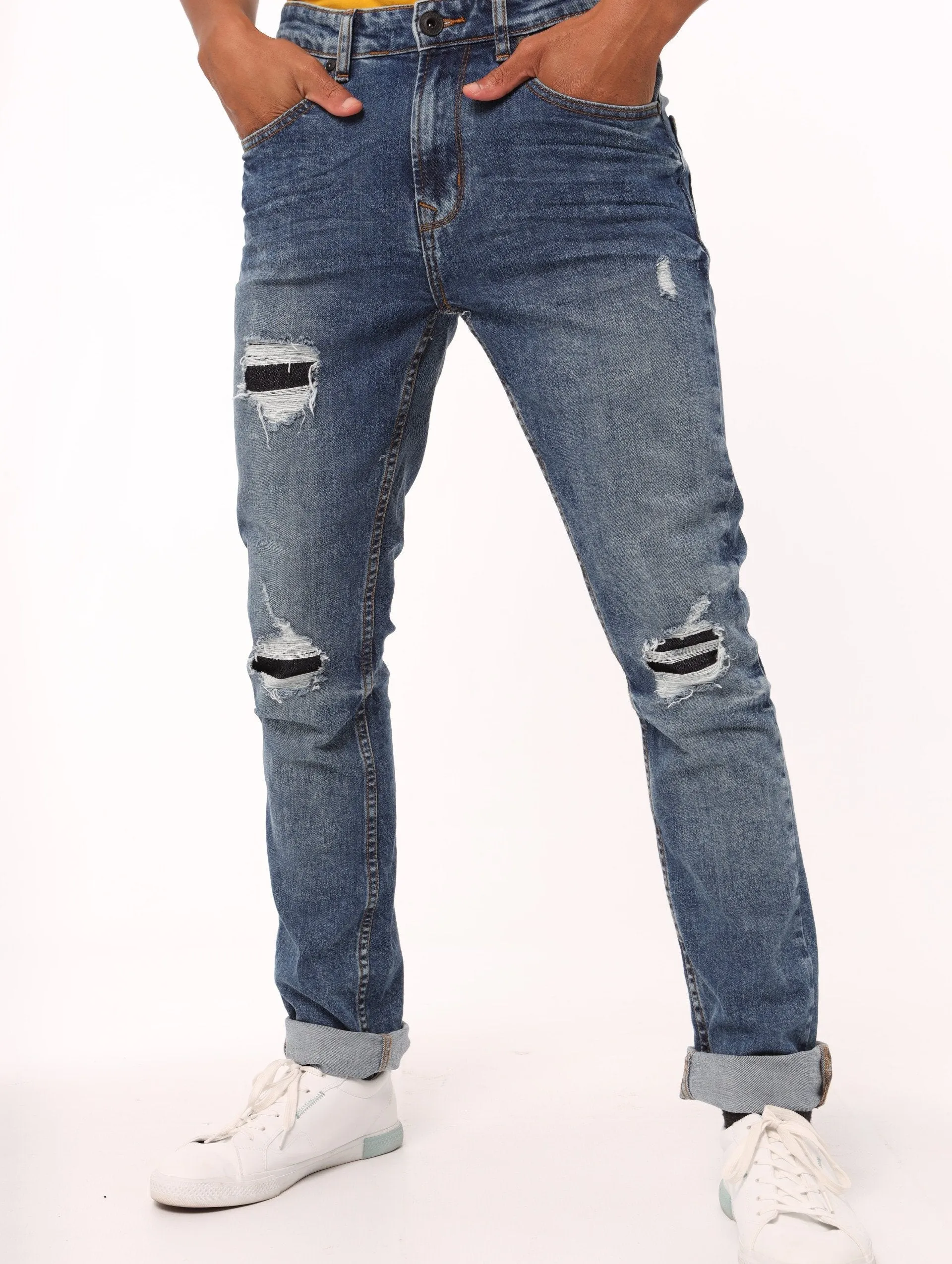 Men's Dark Blue Ripped Patched Slim Denim Jean sold by Edgars