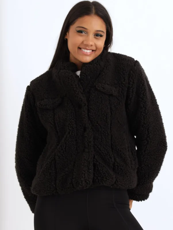 Ladies Cropped Teddy Fleece Jacket - Black sold by Edgars 