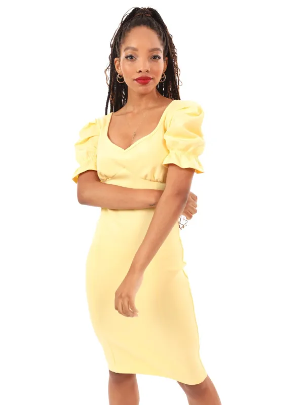 Ladies Puff Sleeve Bodycon Dress - Lemon sold by Edgars 