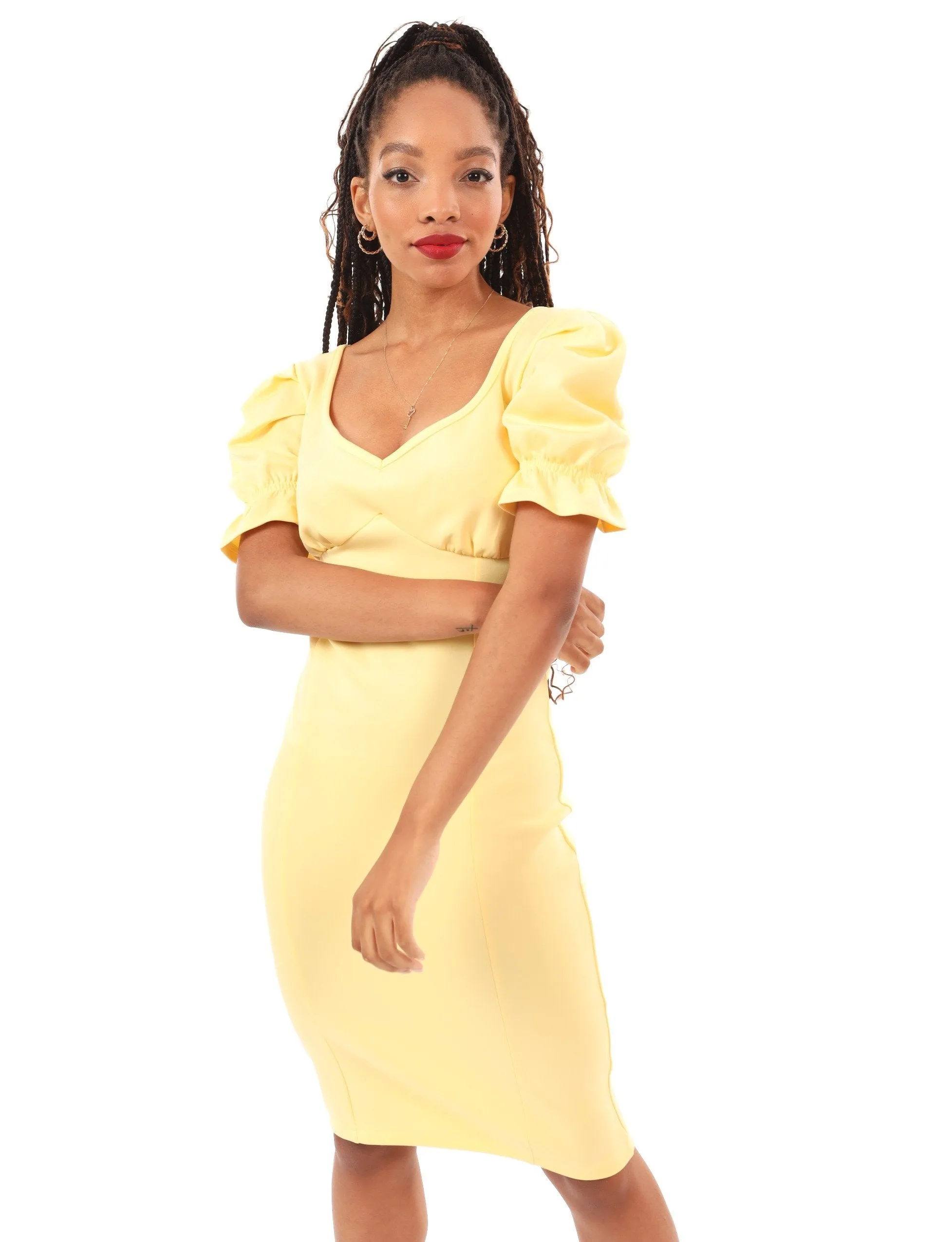 Ladies Puff Sleeve Bodycon Dress - Lemon sold by Edgars