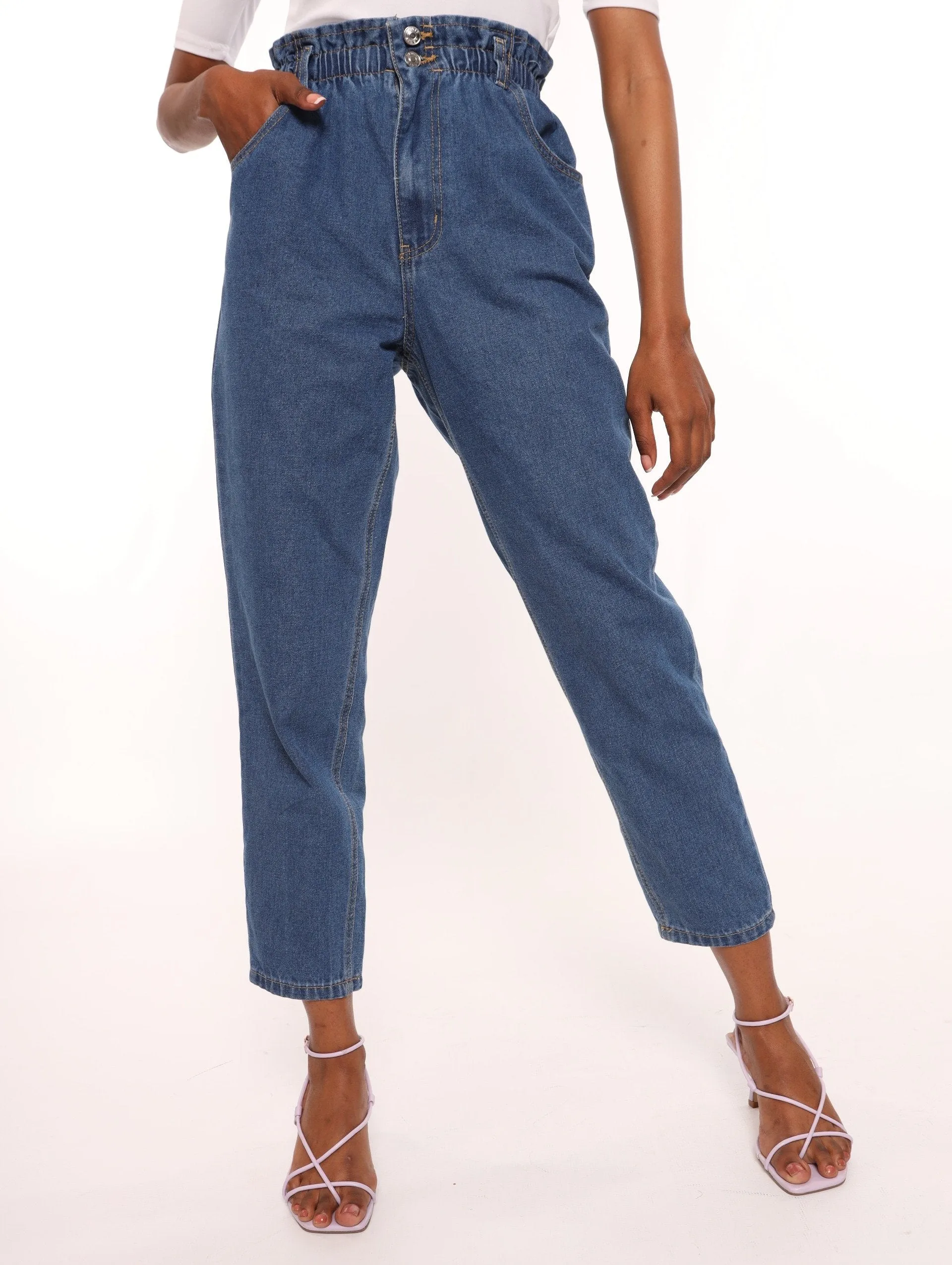 Ladies Acid Wash Paper Bag Double Button Mom Denim Jean sold by Edgars