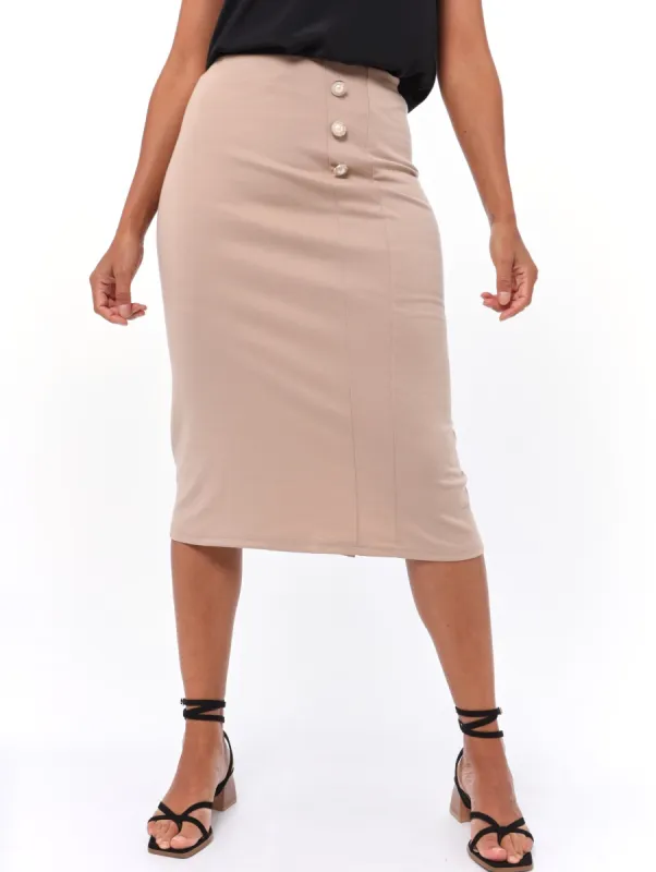 Ladies Ponti Button Detail Skirt - Tan sold by Edgars 