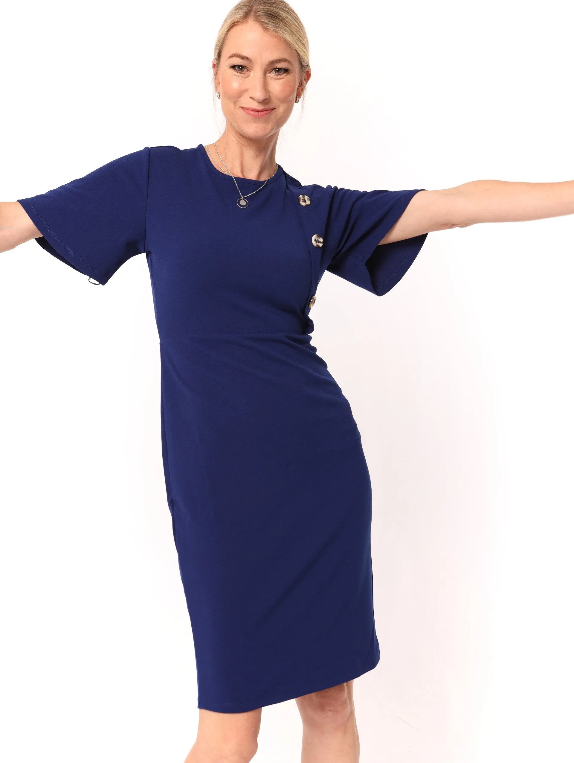 Ladies Button Detail Dress with Fabric Belt - Navy sold by Edgars