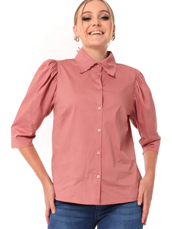 Ladies Embroidered Collar Short Sleeve Shirt - Pink sold by Edgars 