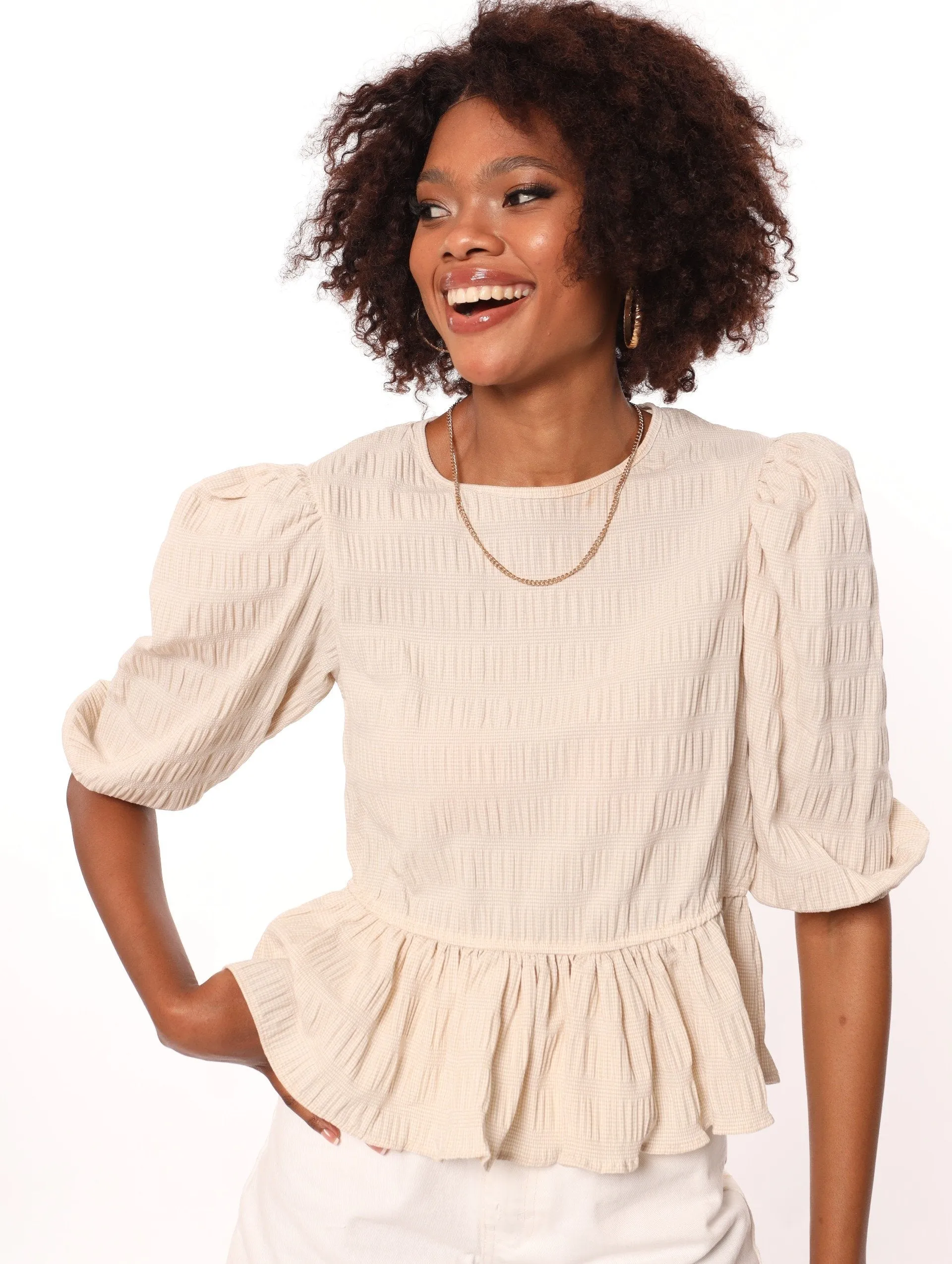 Ladies Puff Sleeve Seersucker Blouse - White/Beige sold by Edgars