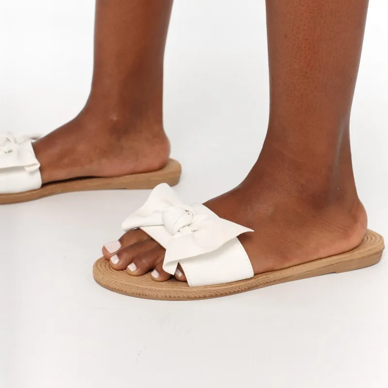 Ladies Moulded Flat Mule Sandal With Bow - White sold by Edgars 