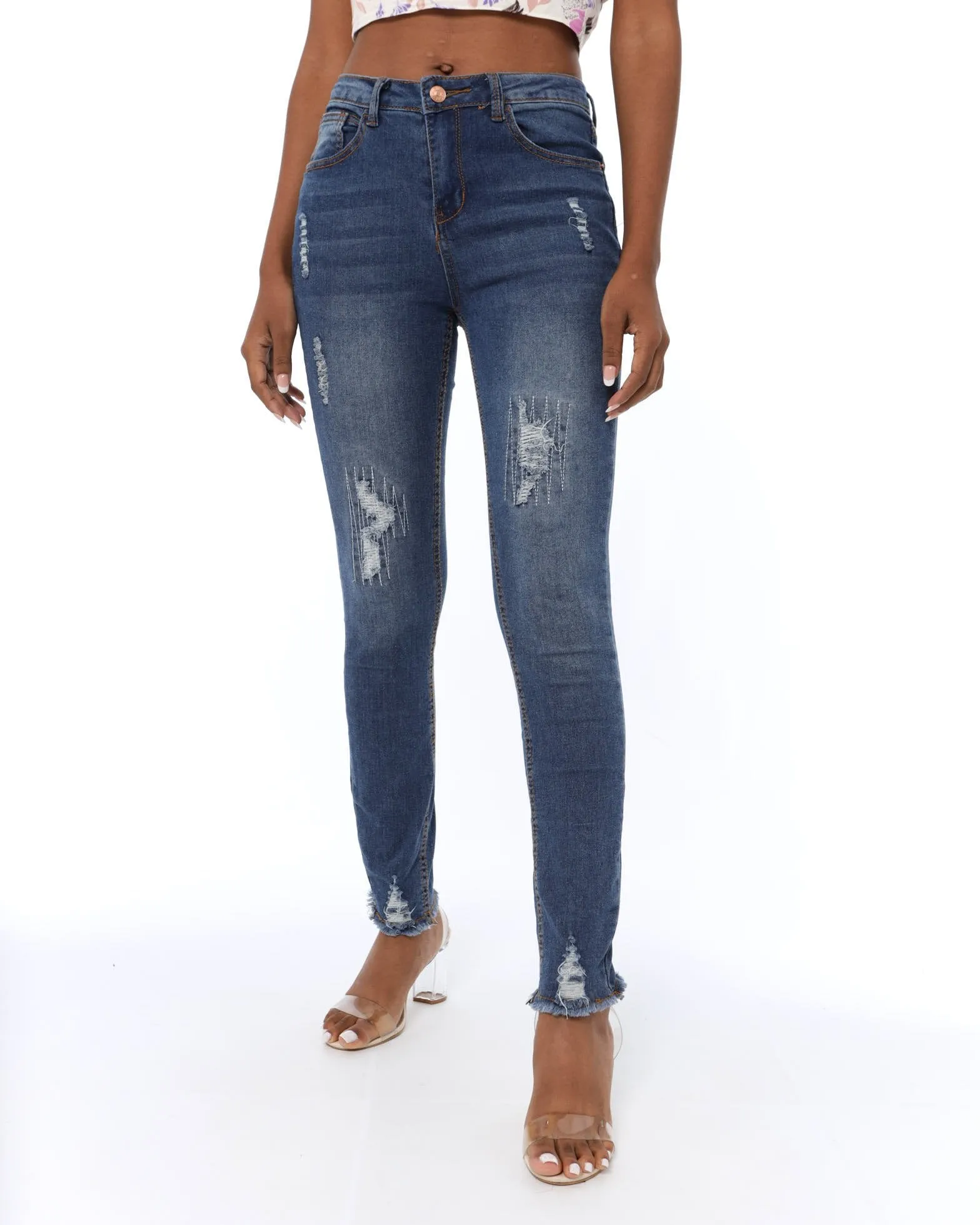 Ladies Dark Wash Ink Mended Abraised Skinny Denim Jean sold by Edgars
