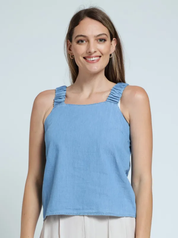 Elastic Strap Chambray Tank Top - Blue sold by Edgars