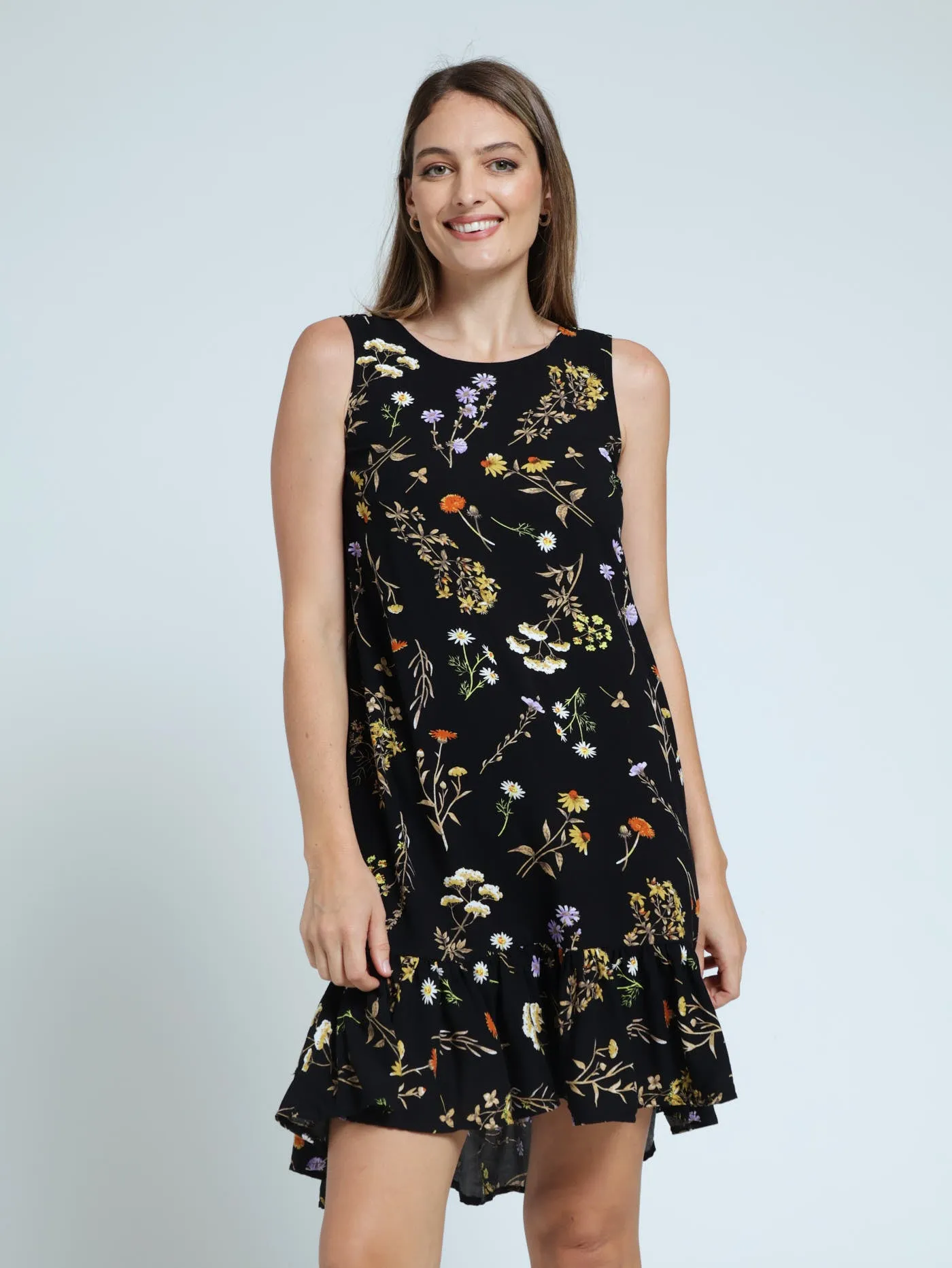 Seamless Frill Hem Hi-Lo Pleated Shift Dress - Black sold by Edgars