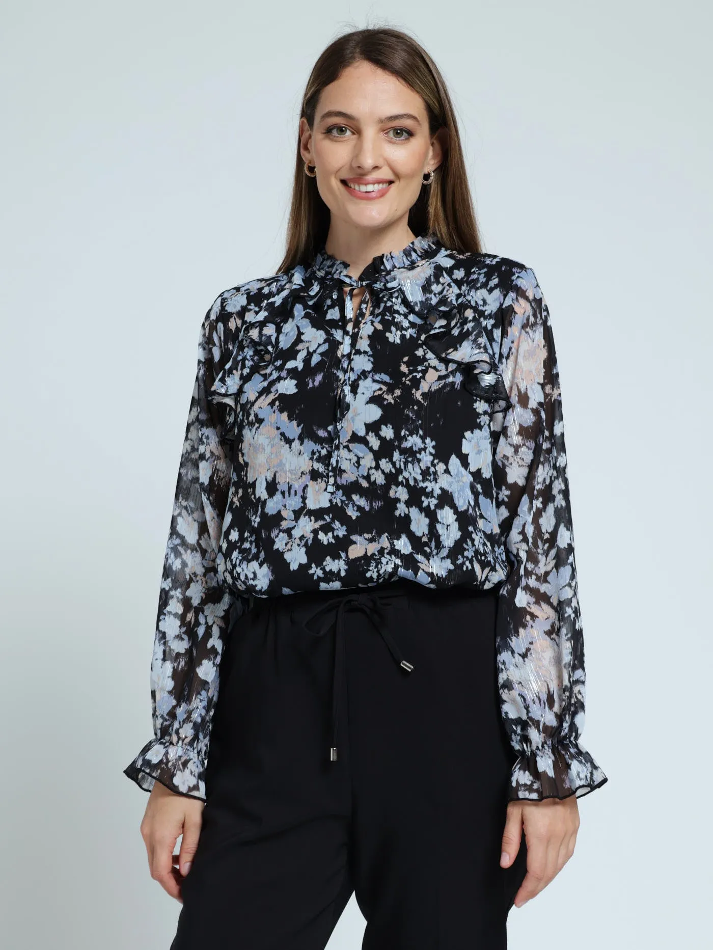 Peasant Tie Up Frill Blouse - Black sold by Edgars